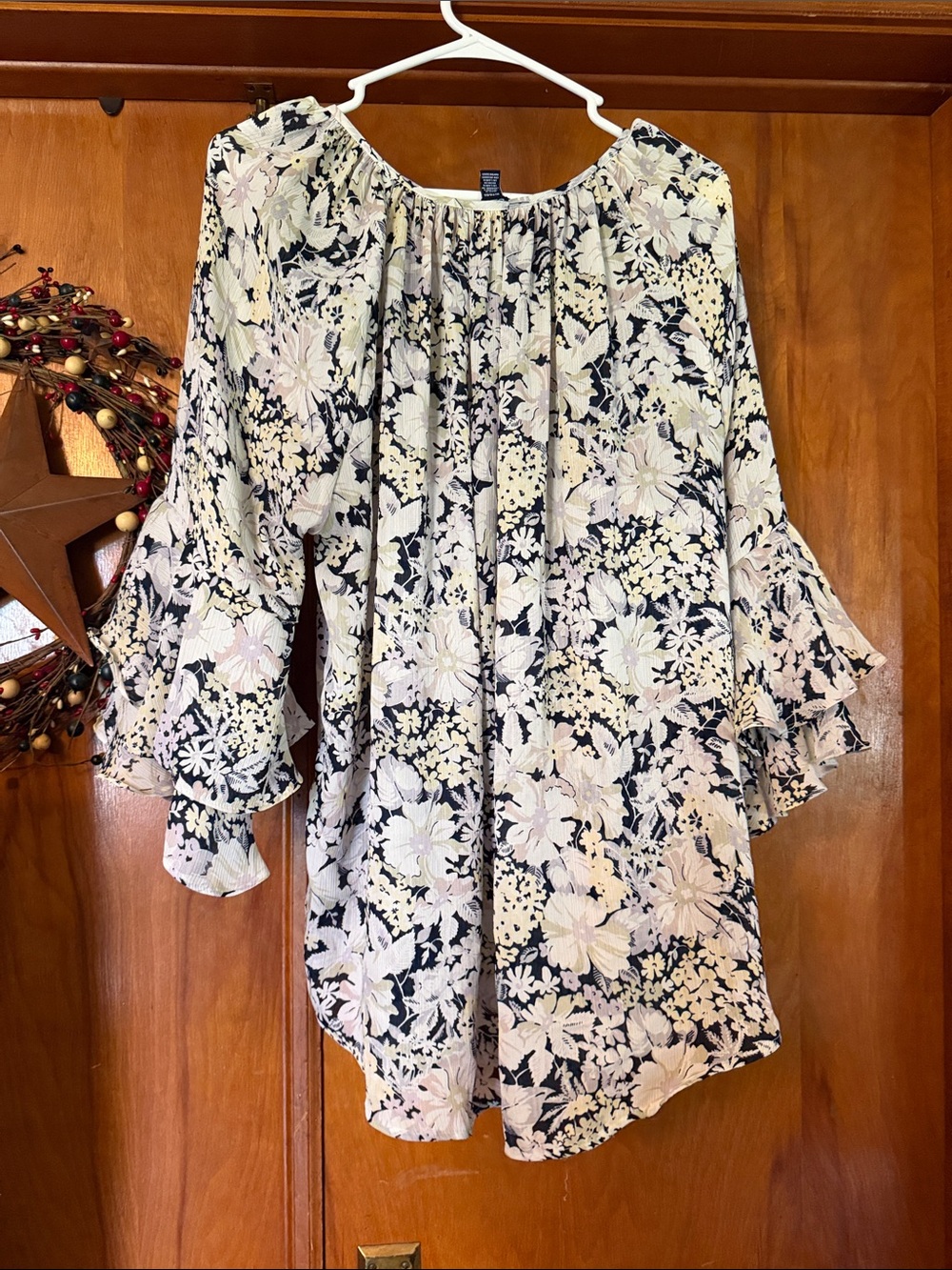 Chaps Floral Peasant Tunic - Black, Cream & Pale Pink - Picture 2 of 2